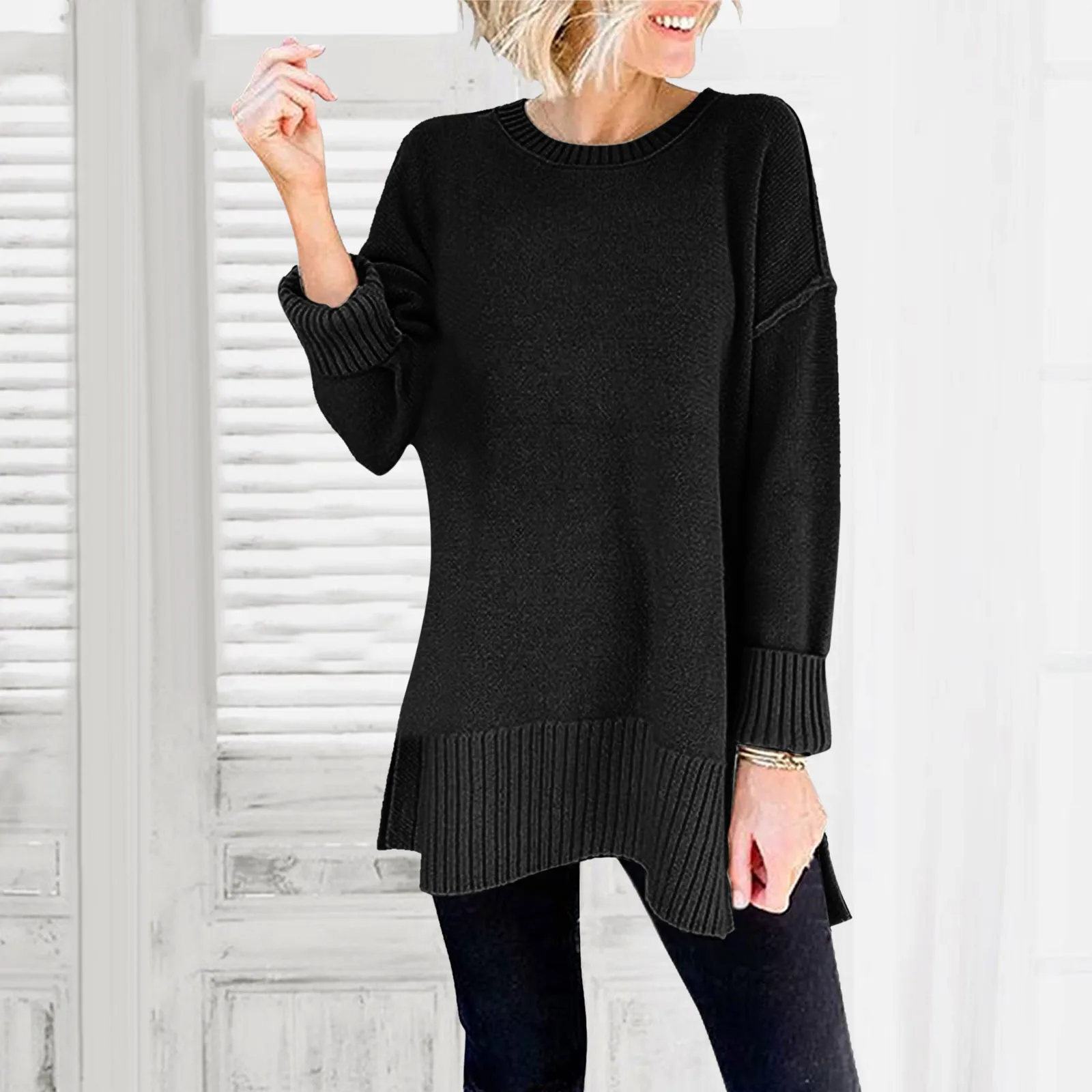 

Long Knitted Pullover Sweaters Women Side Slit Loose Long Sleeve Jumper Sweater Autumn Winter Female Plus Size Tops свитер