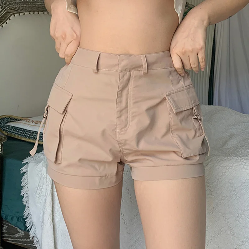 

Musuos Women Casual Simple Cargo Pants Khaki Solid Color Zipper High Waist Summer Shorts with Pockets Slimming Bottoms S/ M/ L