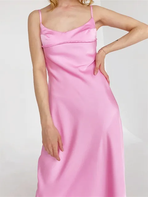 Elegant Women Pink Hollow Out Satin Midi Dress Sexy Backless Spaghetti Strap A-Line High Waist Female Dresses 2
