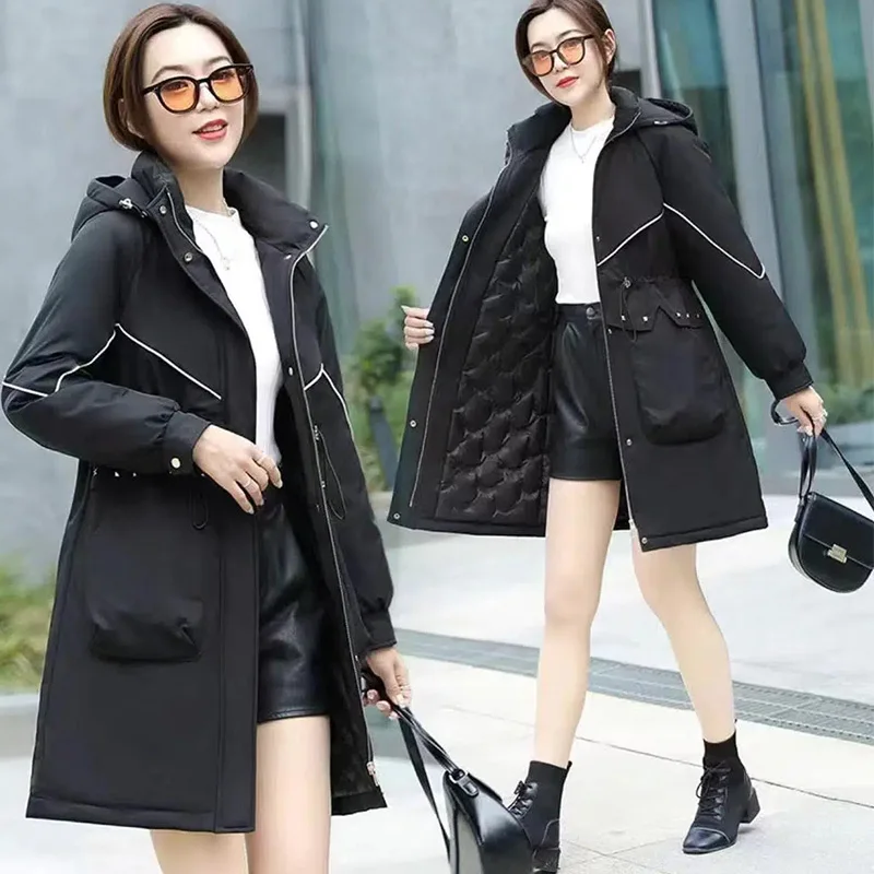 High-End Parker Down Jacket Women Winter 2022 New 90 White Duck Down Medium Length Hooded Waist Matching Thick Warm Coats Female