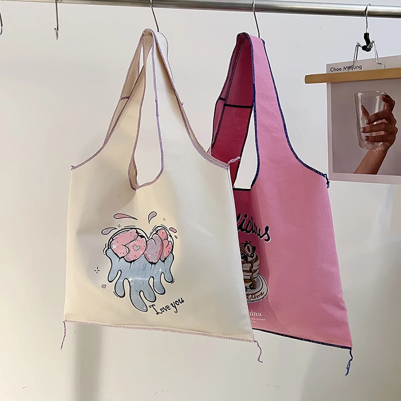 

Large Capacity Canvas Tote Bag Cute Cartoon Pattern Women Hobo Shopper Bag Lady Daily Shoulder Bag Summer Beach Casual Handbag
