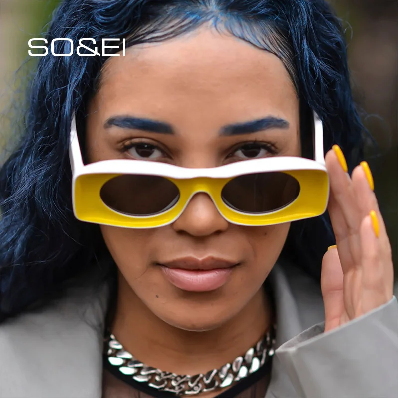 

SO&EI Fashion Unique Rectangle Colorful Sunglasses Women Vintage Blue Pink Yellow Oval Lens Eyewear Men Sun Glasses Shades UV400