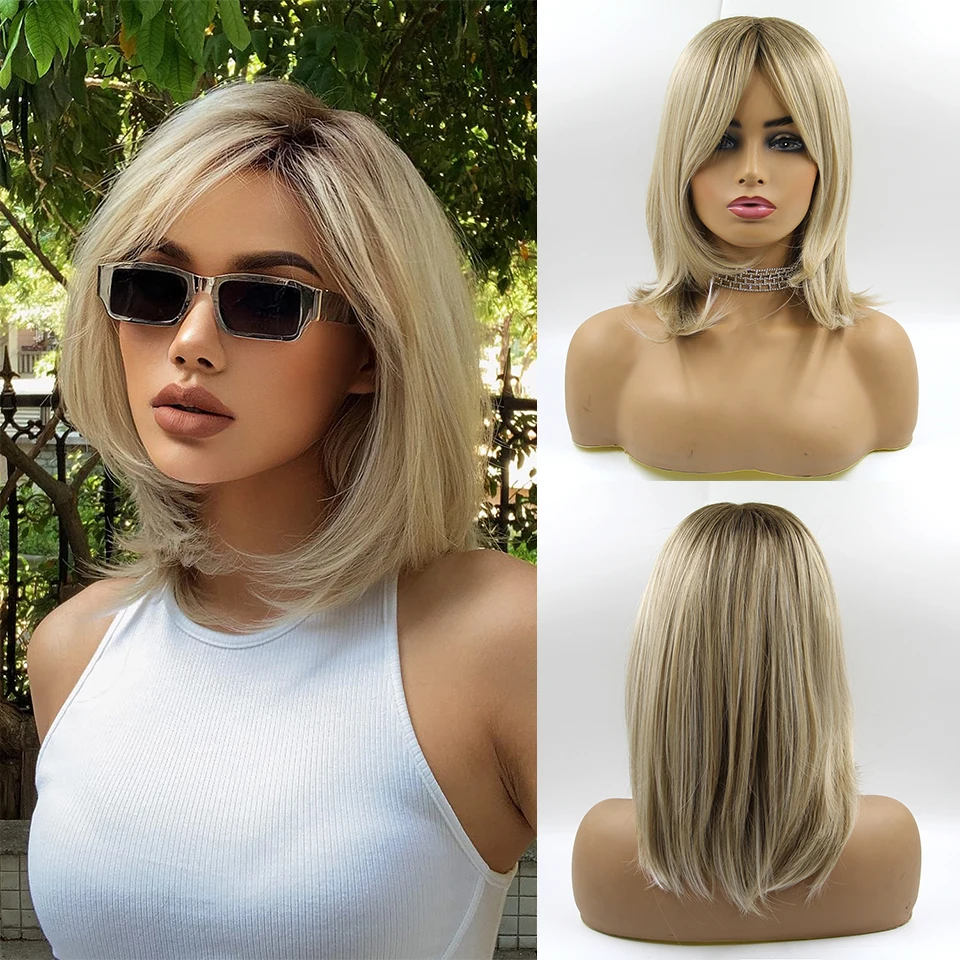 

Blonde Wigs for Women Ombre Blonde Short Wig with Bangs Layered Middle Length Synthetic Wig Dark Roots Hair for Daily Party
