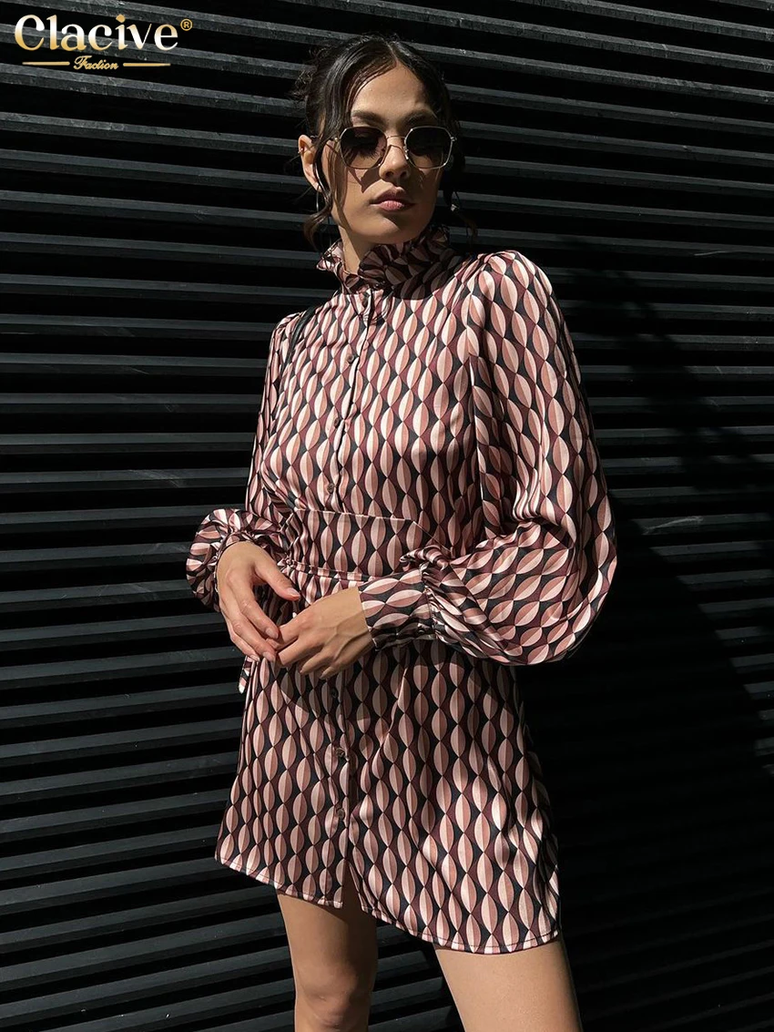 

Clacive Bodycon Classic Print Women'S Dress Fashion Slim Stand Collar Long Sleeve Mini Dresses Vintage High Waist Female Dress