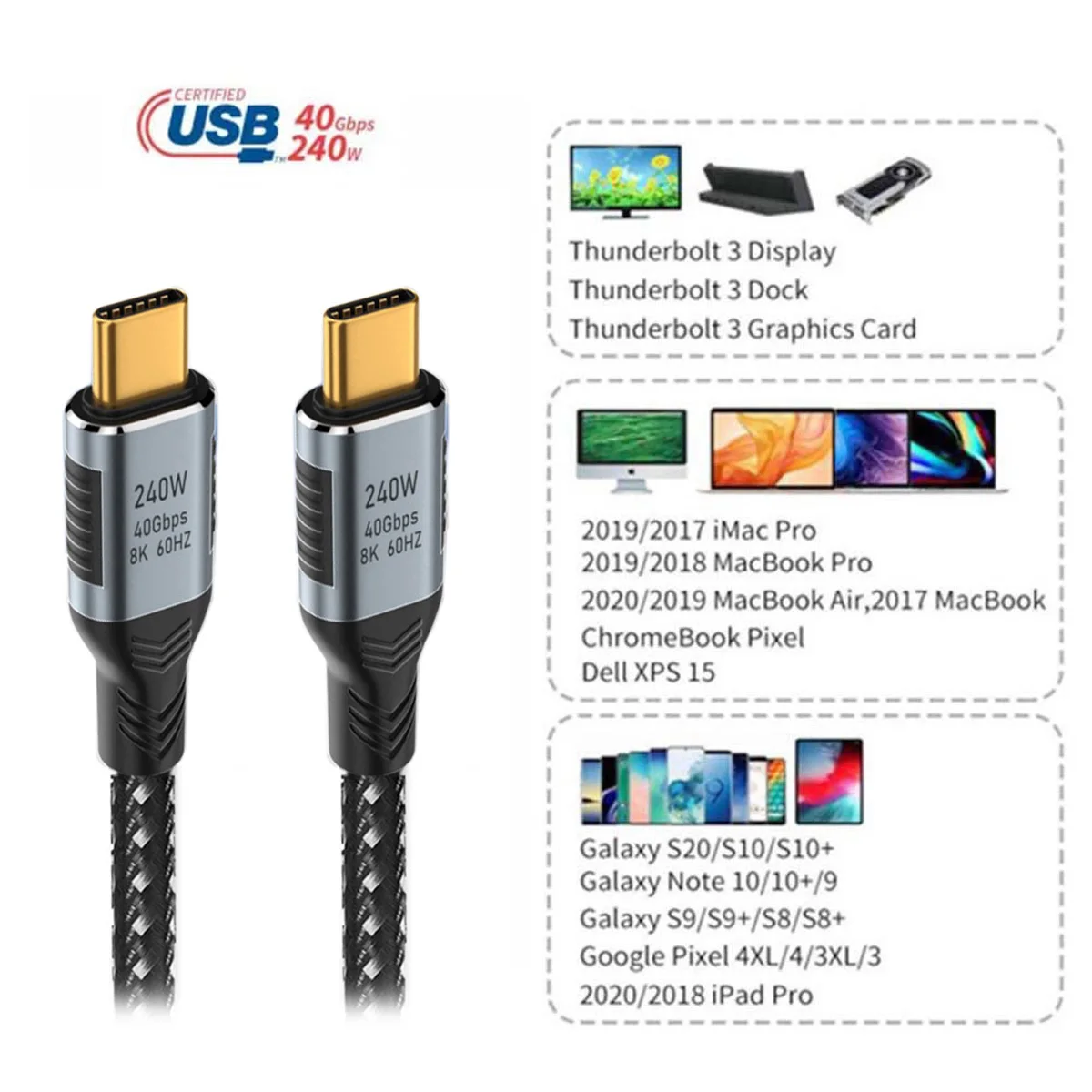 

Chenyang 240W USB4 Cable 40Gbps USB-C USB3.1 100W 8K@60Hz 5K USB4.0 Compatible with Thunderbolt3/4