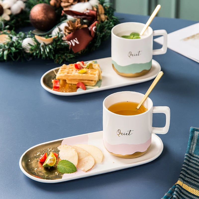 

Ceramics Gilded Breakfast Milk Cup And Bread Saucer Set Coffee Tea Drink Water Mug With Dessert Plate Spoon Afternoon Tea Cups