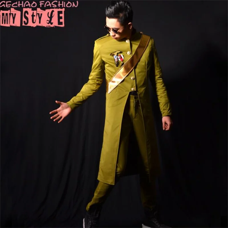 Nightclub jackets mens coats male singer army green long collar jacket Bar costume accessories stage
