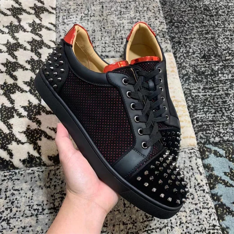 

Luxury Low Cut Black Leather Red Bottom Rivets Shoes For Men Toe Studs Casual Flats Loafers Wedding Sneaker Women Driving Spikes
