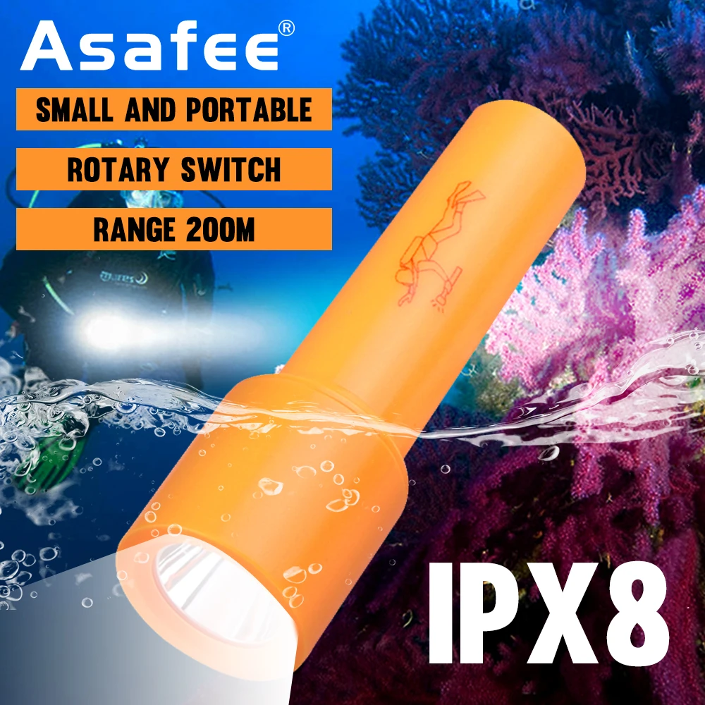 

Asafee D115 10M Underwater T6 LED Diving Flashlight IPX8 Waterproof 200M Range Rotary Switch ABS 64g Light Weight Scuba Torch