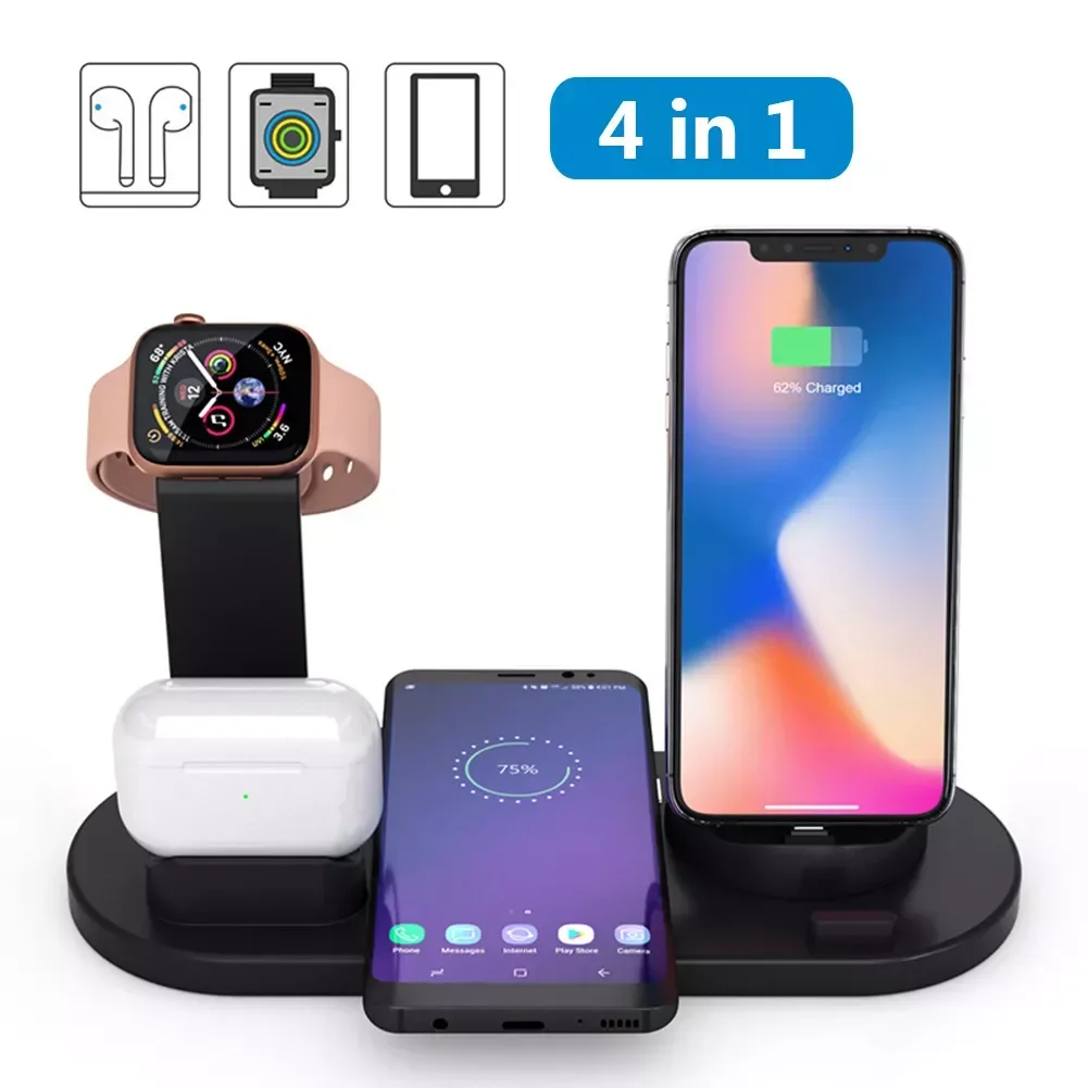 

White 10W Qi Wireless Charger Dock Station 4 In 1 Wireless Charging Stand Dock Phone