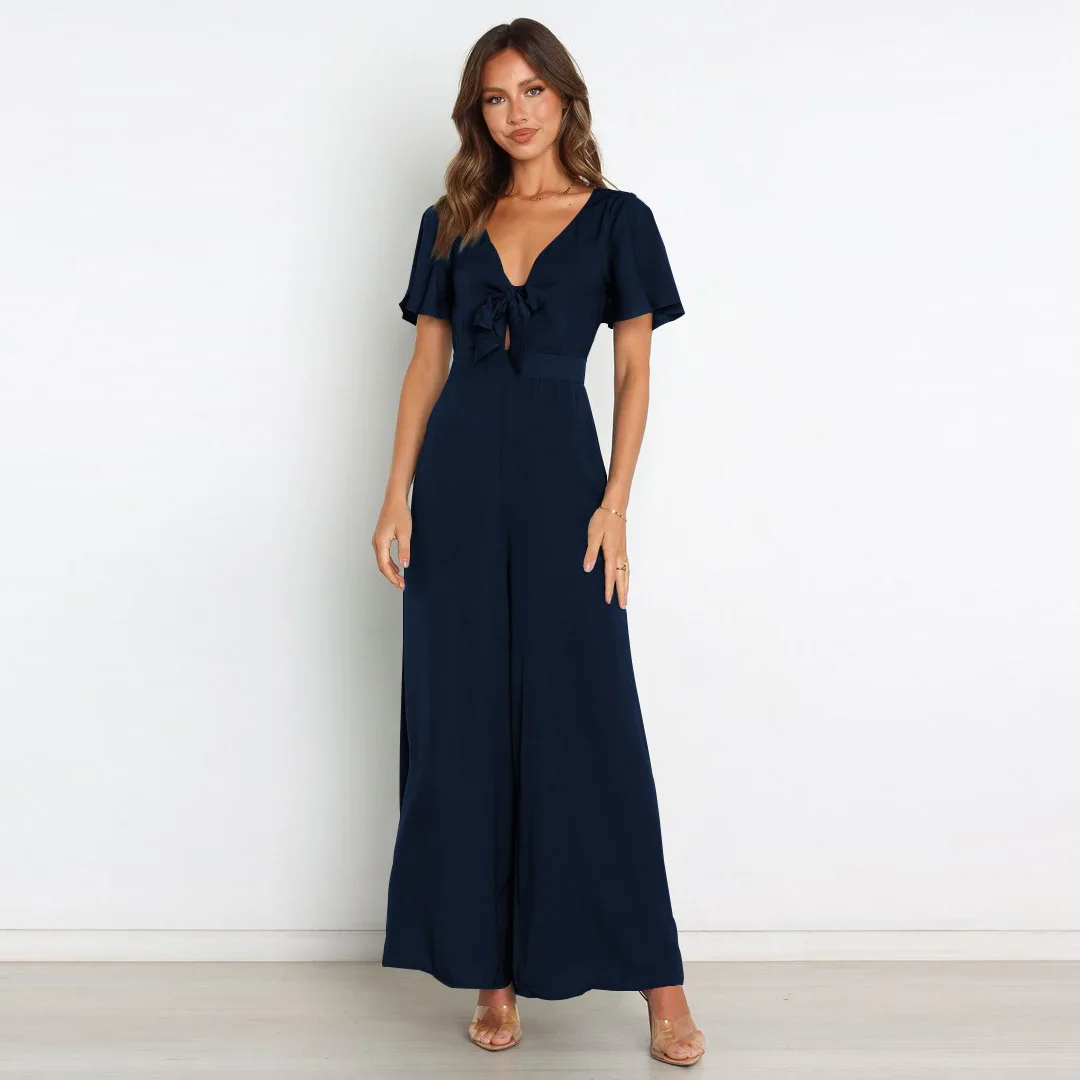 Fashion Plain Jumpsuit Lotus Leaf Sleeves V-neck Sexy Tied Rope Short-sleeve Jumpsuit Wide-leg Pants Women Spot Wholesale