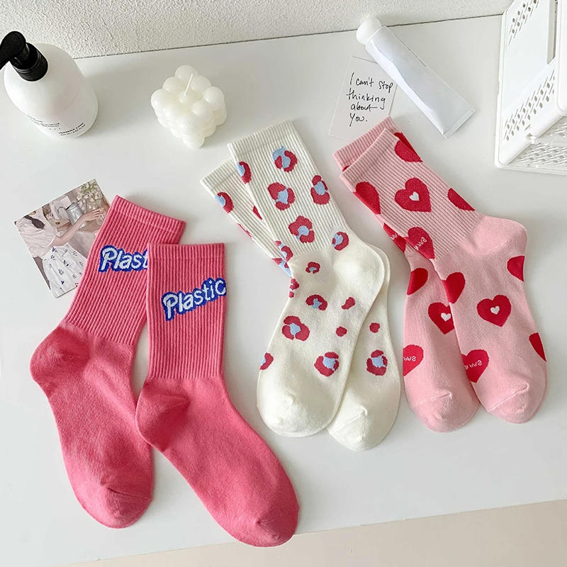 Women Pink-Heart Sweet Love Cotton Socks Women's Middle Tube Socks Cute Lovely Pink Theme Cotton Casual Socks Sport Street Socks