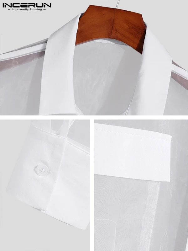 Fashion Casual Style New Men Organza Patch Pocket Blouse Casual Male See-through Long Sleeve Thin Shirts S-5XL INCERUN Tops 2022