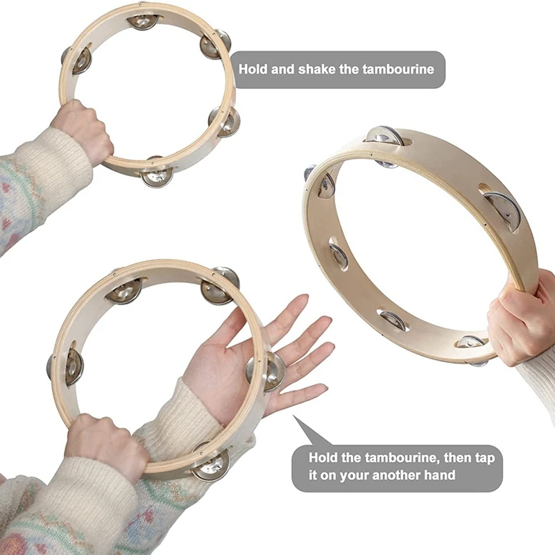 

3 Packs Musical Instruments Wood Tambourine Hand Held Metal Jingles Percussion For Church Education Party Supply