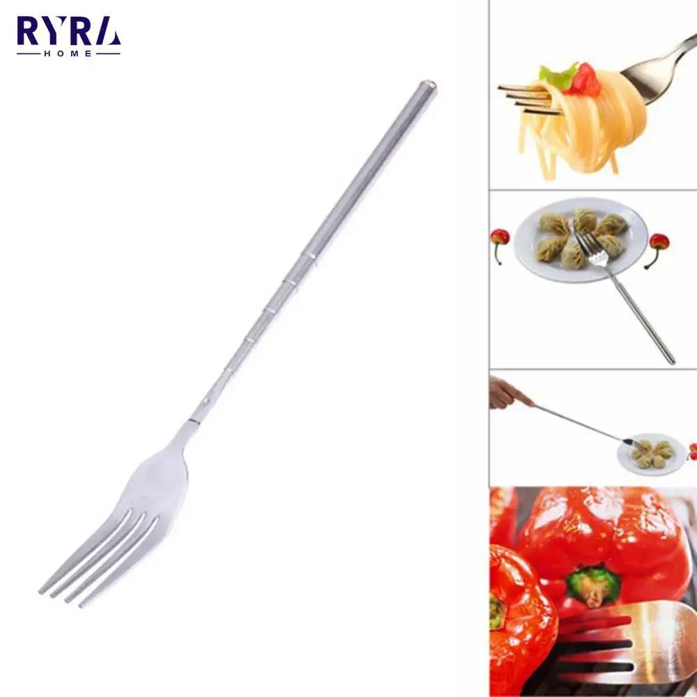 

Telescopic Extendable Fork Dinner Fruit Dessert Long Cutlery Forks Silver Stainless BBQ Meat Fork Kitchen Dinnerware Tableware