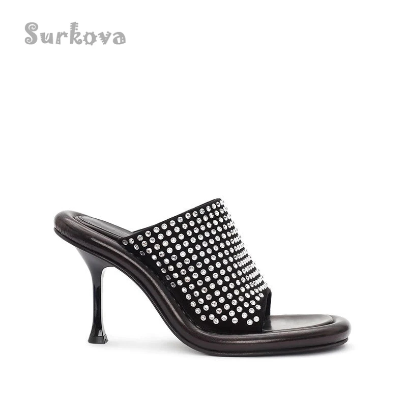 Colorful Round Toe Rhinestone Pumps Women's Sandals and Slippers Thin High Heel Thick Bottom Peep Toe Green Black Concise Shoes