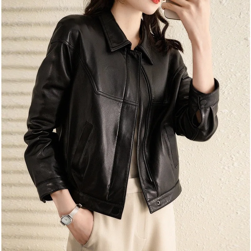 

autumn Motorcycle black leather jacket,genuine leather women's short style new women's versatile sheepskin leather jacket2023
