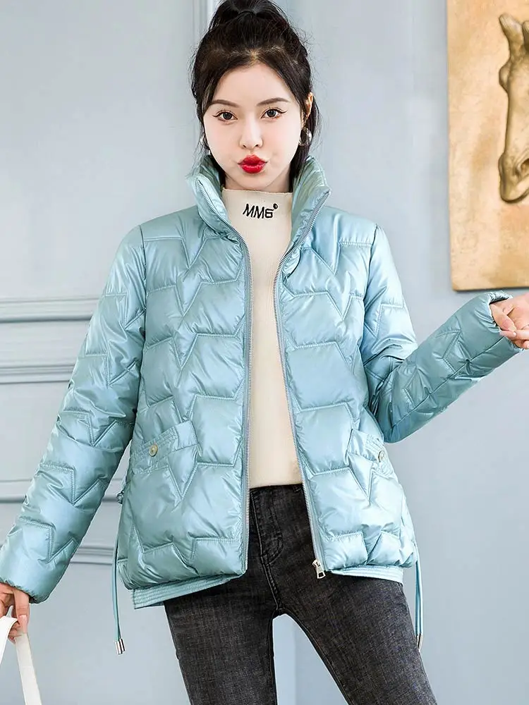 Vielleicht Stand Collar Winter Jacket For Women's Solid Bright Shiny Casual Cotton Padded Female Warm Coat Clothes Short Parkas