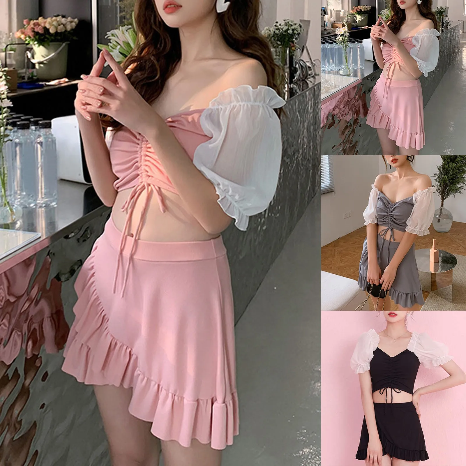 

Женский модный раздельный купальник из двух частей с юбкой с оборками