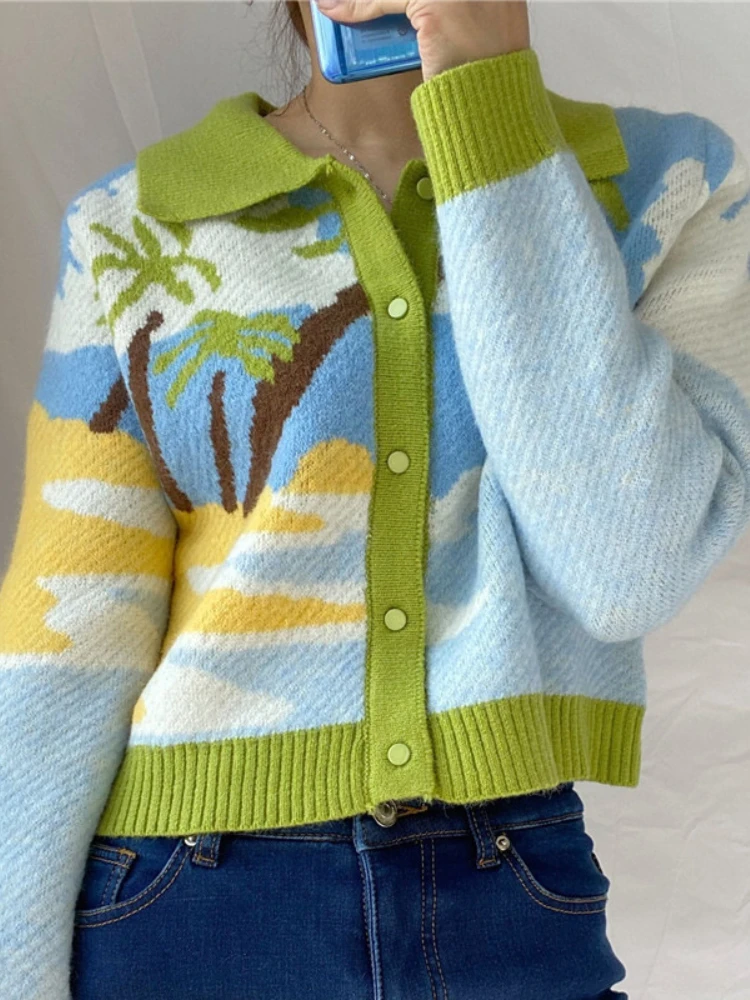 

Knitted Cardigan for Women Autumn Winter Print Polo Collar Long Sleeve Green Cropped Cardigan Women New In Causal Female Sweater