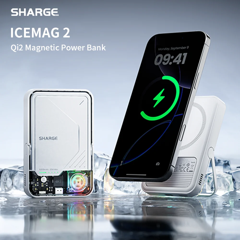 Фото Портативное зарядное устройство SHARGE ICEMAG 2 MagSafe Power Bank 15 Вт Qi2 с активным охлаждением, аккумулятор 10000 мАч для iPhone 16/15 Galaxy №1