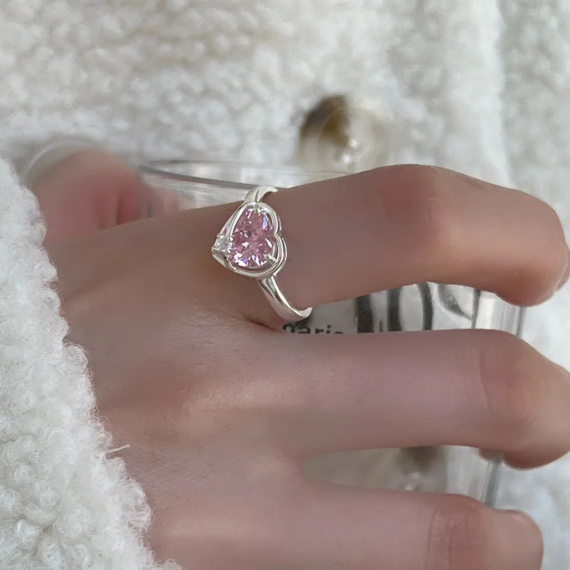 

Korean Exquisite Lovely Pink Love Heart Opening Rings for Women Fashion Temperament Versatile Heartbeat Angel Wings Ring Jewelry