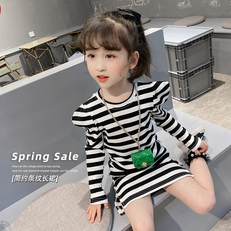 

Laura Kors 2023 Winter New Girls Dress Cotton Long Sleeve O Neck Striped Black Cute Baby Girls Dresses Vestido 18M-6T