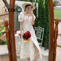 ledp floral embroidered dress ladies lace up v neck puff sleeve ladies dress single breasted long dress french slim white dress