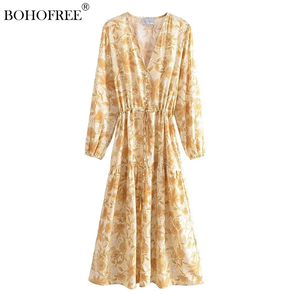 

Винтажная Женская одежда в стиле бохо, вискозное хлопковое желтое Макси-платье с цветочным принтом в стиле хиппи, богемные женские платья с длинным рукавом и пуговицами