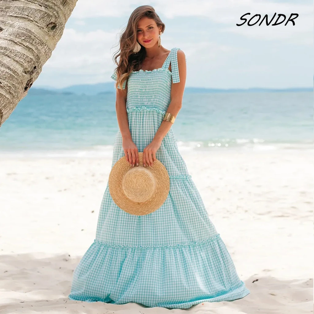 

2022 Summer Beach Slip Dress Casual Clothes Fashion Plaid Ruffles Maxi Dress