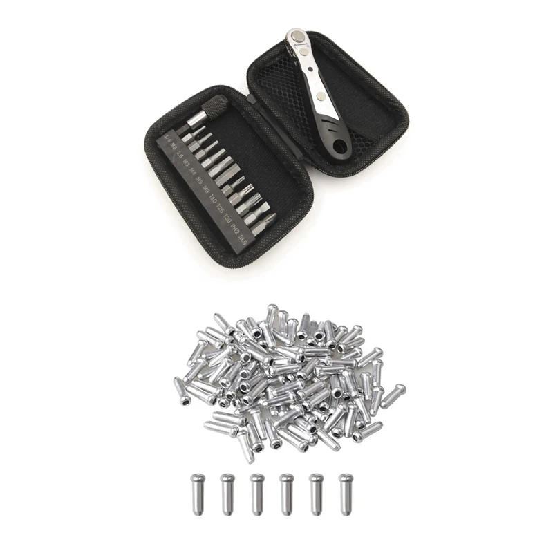 

1set Bike Bicycle Ratchet Wrench Tool Set Road Bike Spanner Wrench Kit & 150Pcs Cable End Brake Cable Cap