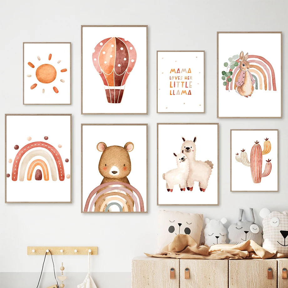 

Cute Bohemian Cartoon Bear Alpaca Cactus Sun Rainbow Wall Art Canvas Painting Nordic Posters And Prints Wall Pictures Kids Room