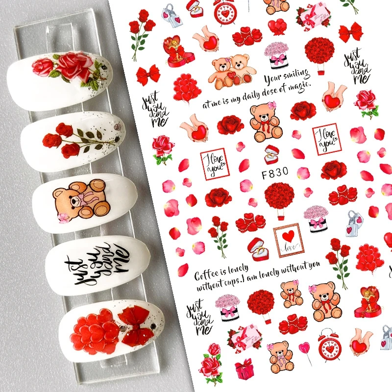 

Наклейки с клеем на спине, Симпатичные медведи, красные розы, прозрачные цветы, наклейки для ногтей, украшения для дизайна ногтей, маникюра, ...