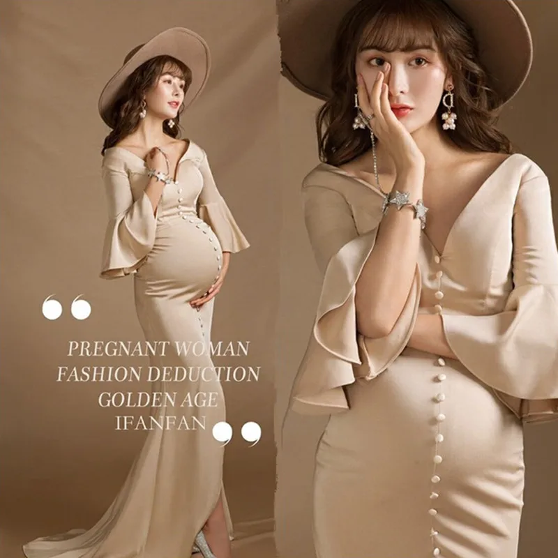 Mermaid Maternity Dresses For Photo Shoot Pregnancy Dress Photography Prop V-collar Fancy Pregnant Women Maxi Gown With Hat