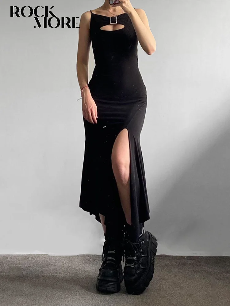 

Rockmore Chic Metal Buckle Side Slits Dress Women 2022 Summer Bodycon Sleeveless Midi Dresses Elegant Party Sexy Club Sundress