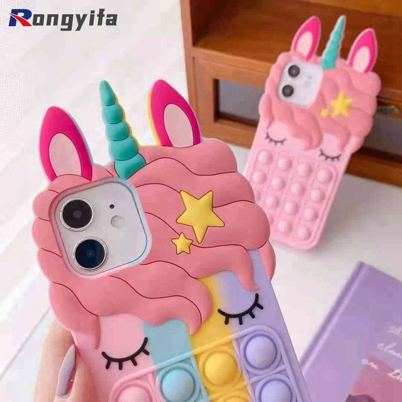 For iPhone 13 14 12 11 Pro Max Mini X XR XS Max 6 7 8 6s Plus SE 5 5s Unicorn Case Pop Fidget Toys Push It Bubble Silicone Case