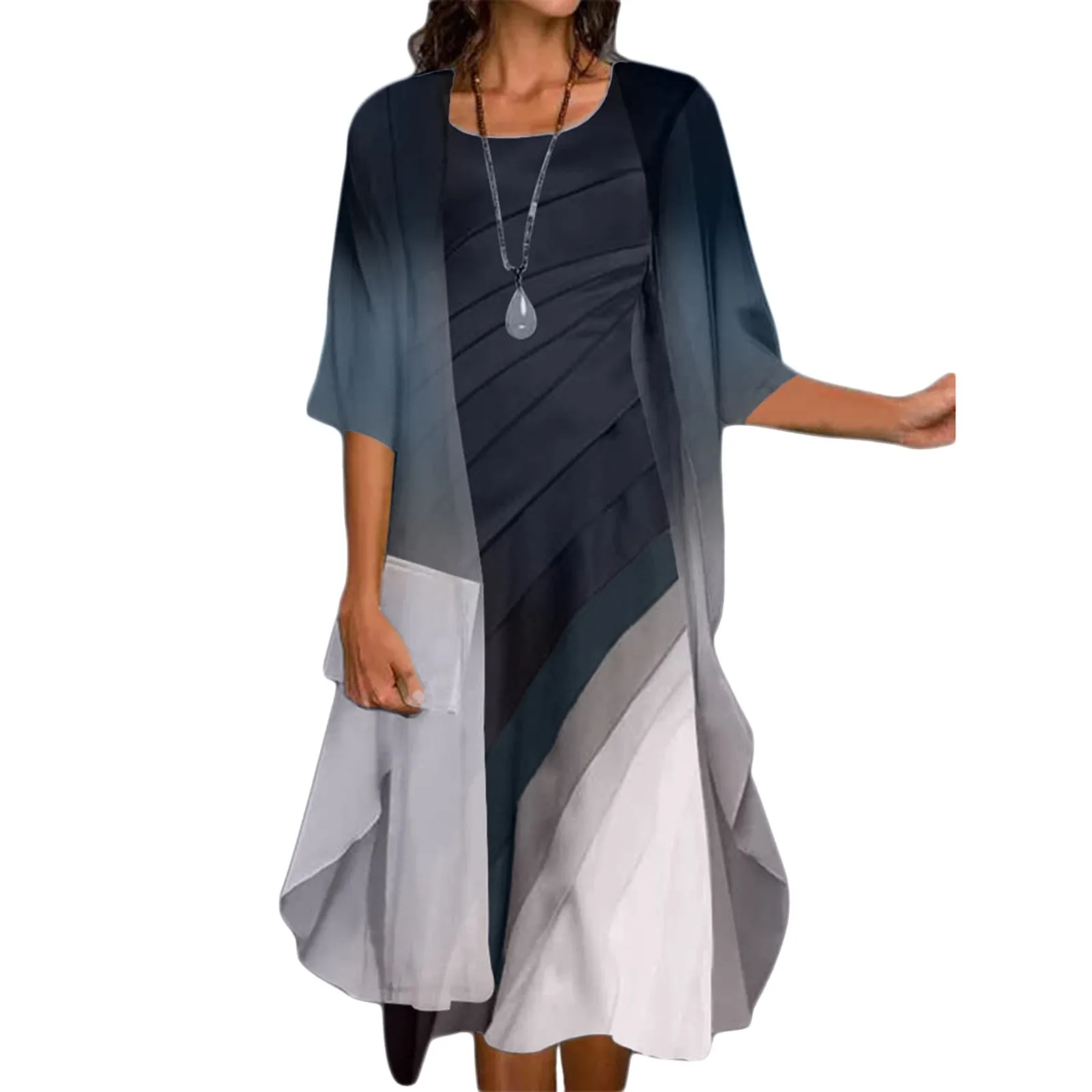 

Женское повседневное свободное платье, платье с круглым вырезом и поясом, женский кардиган с шалью, комплект из двух платьев с коротким рука...