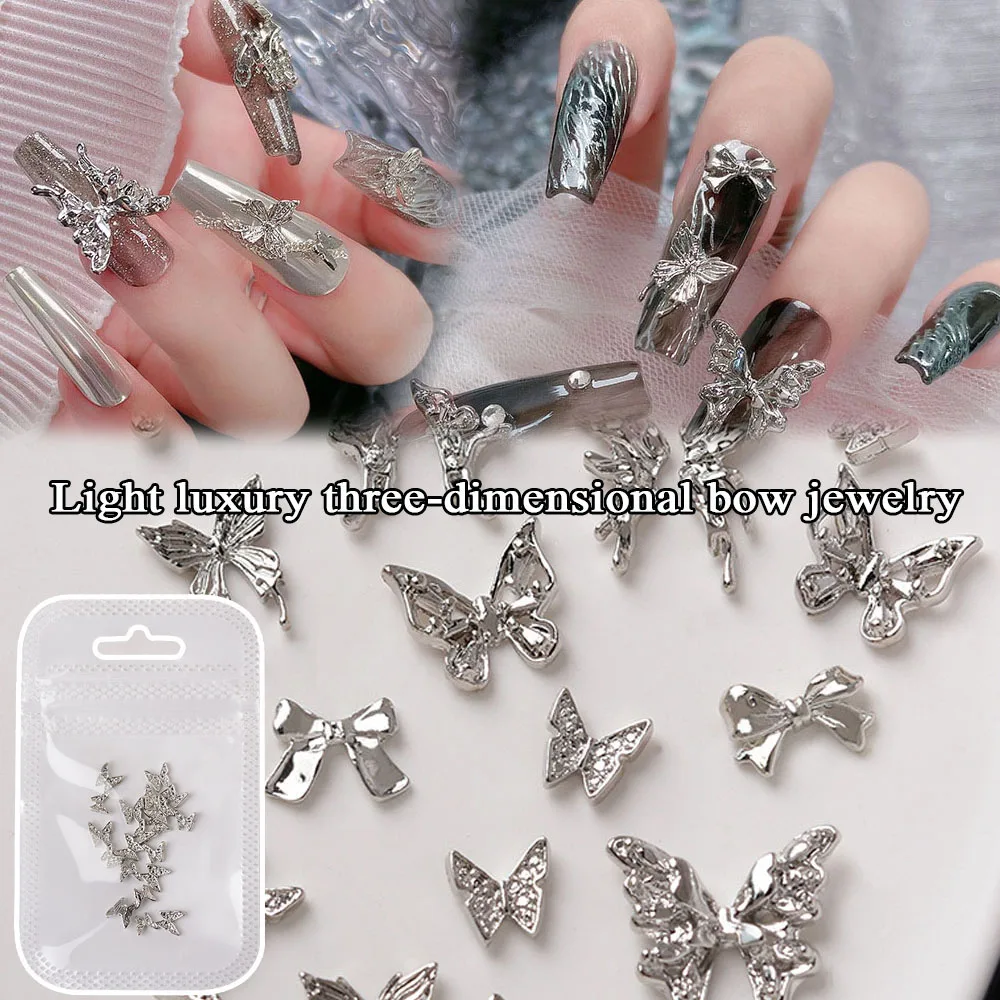 

10Pcs Alloy Bow Nail Art Charms 3D Gold Silver Glitter Metal Ribbon Bowknot Nails Decoration DIY Rhinestone Manicure Accessories