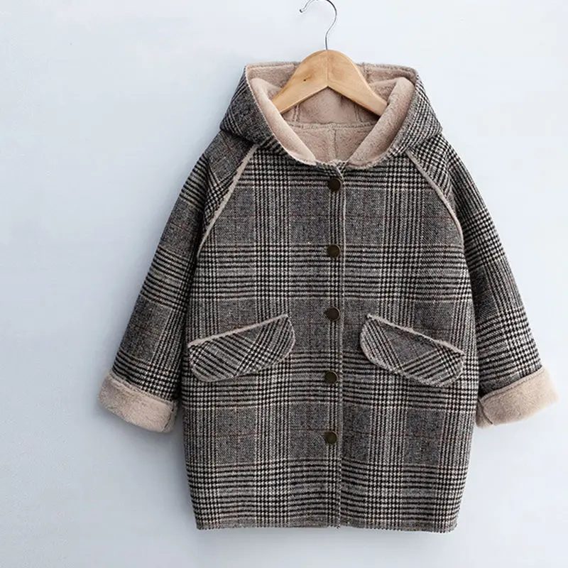 

Зимняя детская верхняя одежда для девочек, клетчатая утепленная шерстяная куртка, пальто, наряды для подростков, шерстяная длинная верхняя ...