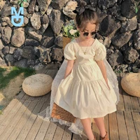new girls beige dress summer temperament lace square collar backless princess dress 3 9 years children daily casual clothes outf