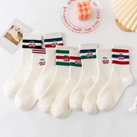 1 pair of white cotton socks men women fruit cherry embroidery socks korea fashion cute letter crossbar high quality funny socks