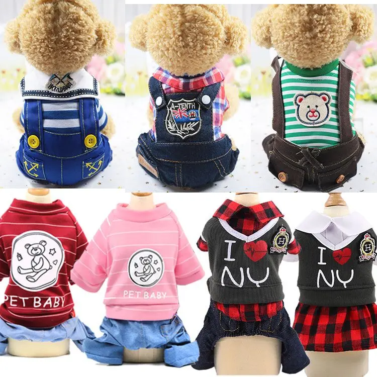 

Small And Medium-Sized Dogs Spring And Autumn Four-Legged Teddy Bichon Pet Dog Cat Plaid Korean Style Denim Wear Supplies