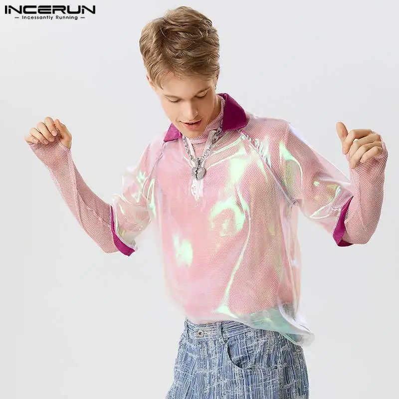 

Рубашка INCERUN мужская с блестящим отложным воротником и коротким рукавом, прозрачная свободная пикантная уличная одежда в стиле пэчворк, женская одежда