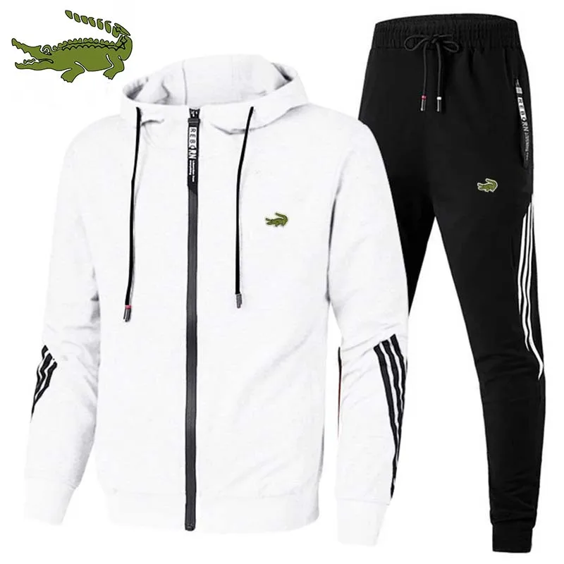 High-quality Embroidered Men's Sports Zipper Hooded Suit Trendy Outdoor Sports Sets Printed Jacket + Pants Fitness Jogging Suit