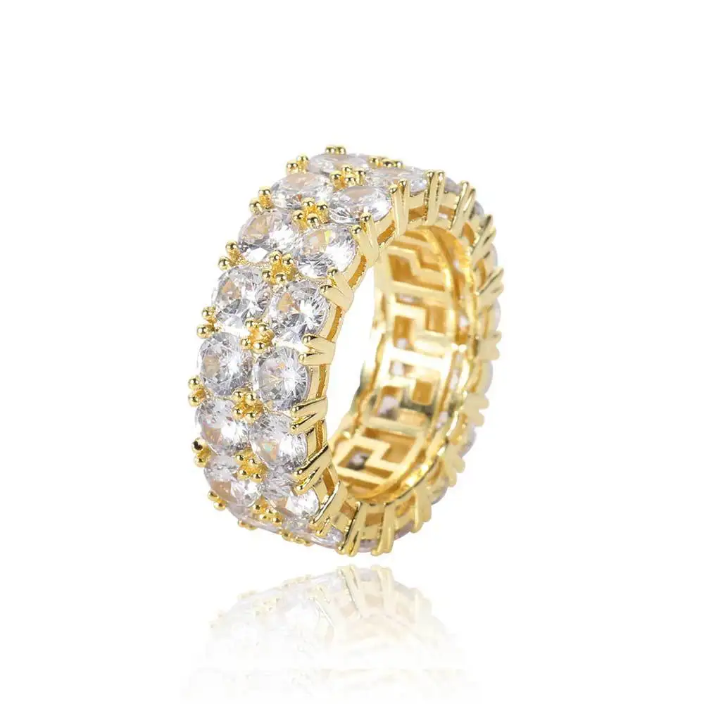 

2021 New Arrivals Cuban Hip Hop Real Gold Plated Diamond Ring Hot Selling Micro Inlay zircon Double Row Full Drill Rings