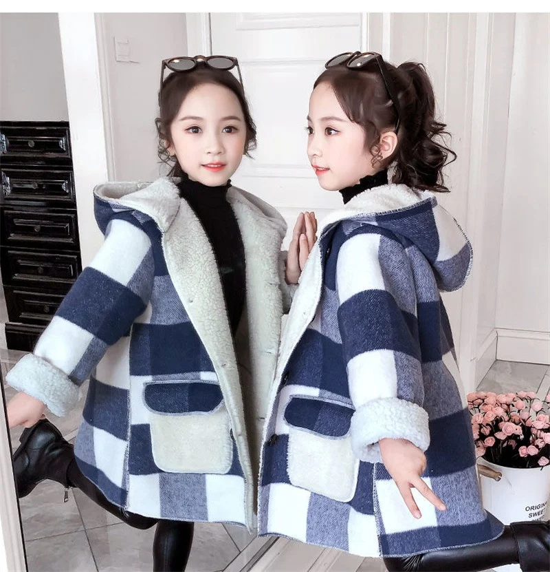 Купи Girls Winter Wool Jacket Kids Thicken Warm Hooded Coat Teens Woolen Plaid Outerwear Clothes for 3-14 Years Old Girls Outerwear за 2,309 рублей в магазине AliExpress