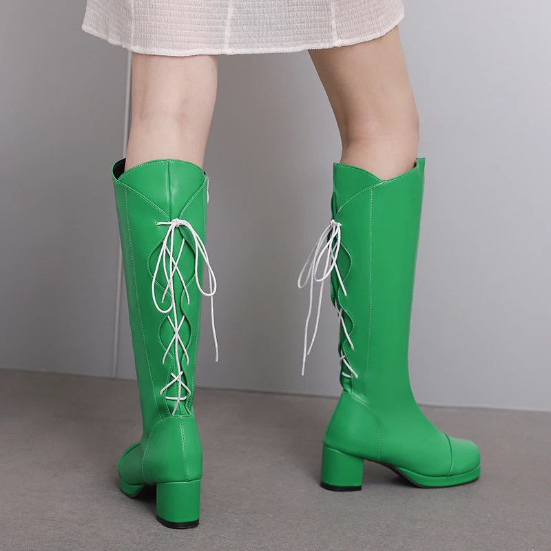 Lolita Winter Boots Knee High Women Leather Fashion 2023 Shoes Block Heels Back Lace Up Zipper Platform Boots for Wide Calf