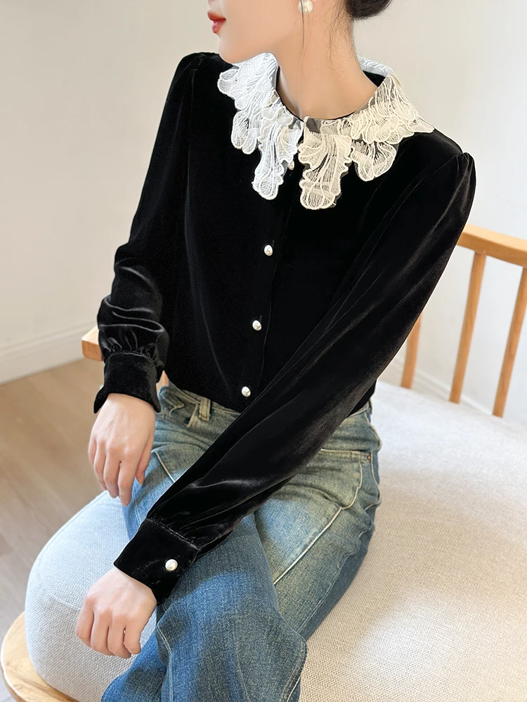 Женские шелковые бархатные рубашки с жемчужной пряжкой высококачественные