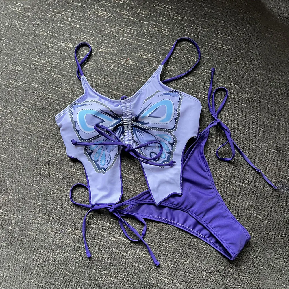 

Bandage Swimsuit Woman 2023 Butterfly Print Bikini Set Two Pieces Women Swimwear Micro thongs Sexy Backless Beach Bathing Suits