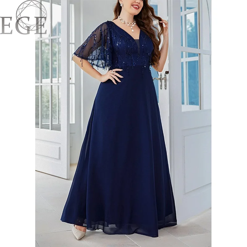 V Neck Royal Blue Sequins Shiny Plus Size Wedding Dress 5XL6XL Plus Size Women's Chiffon MAXI Party Banquet Short Sleeve Dresses